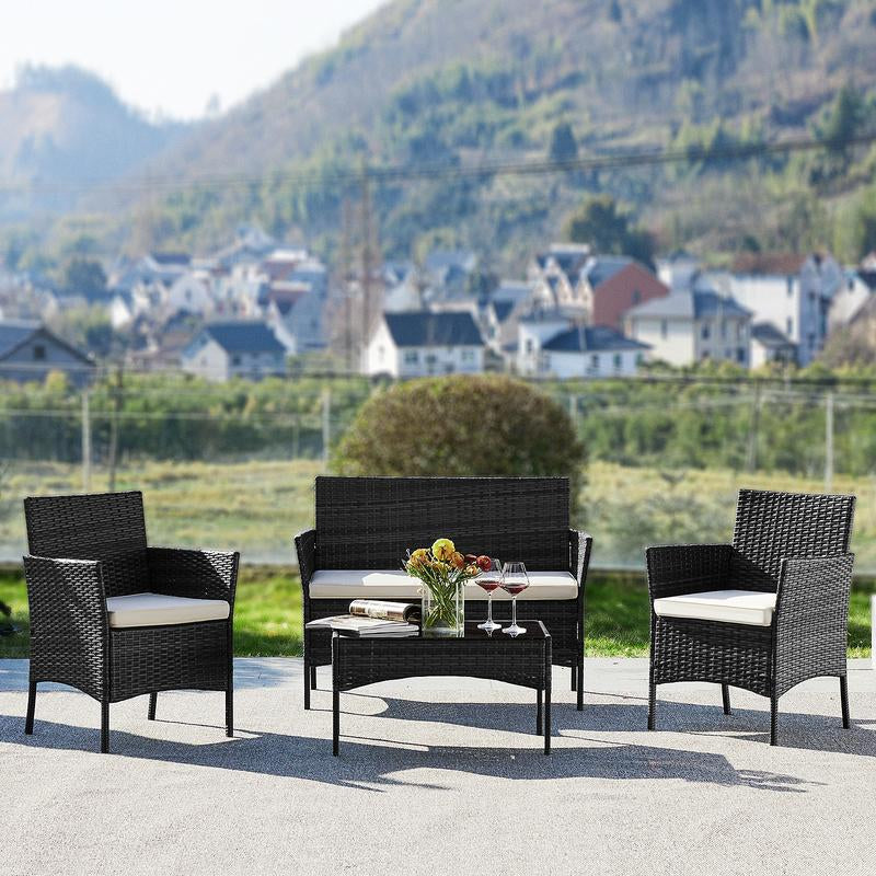 Furniture Set 4 Pieces Outdoor Rattan Chair Wicker Sofa Garden Conversation Bistro Sets for Yard,Pool or Backyard Patio Furniture Set 4 Pieces, Outdoor Furniture with Glass Table, Weaving Wicker Rattan Patio Chairs for Garden, Terrace, Porch, Lawns